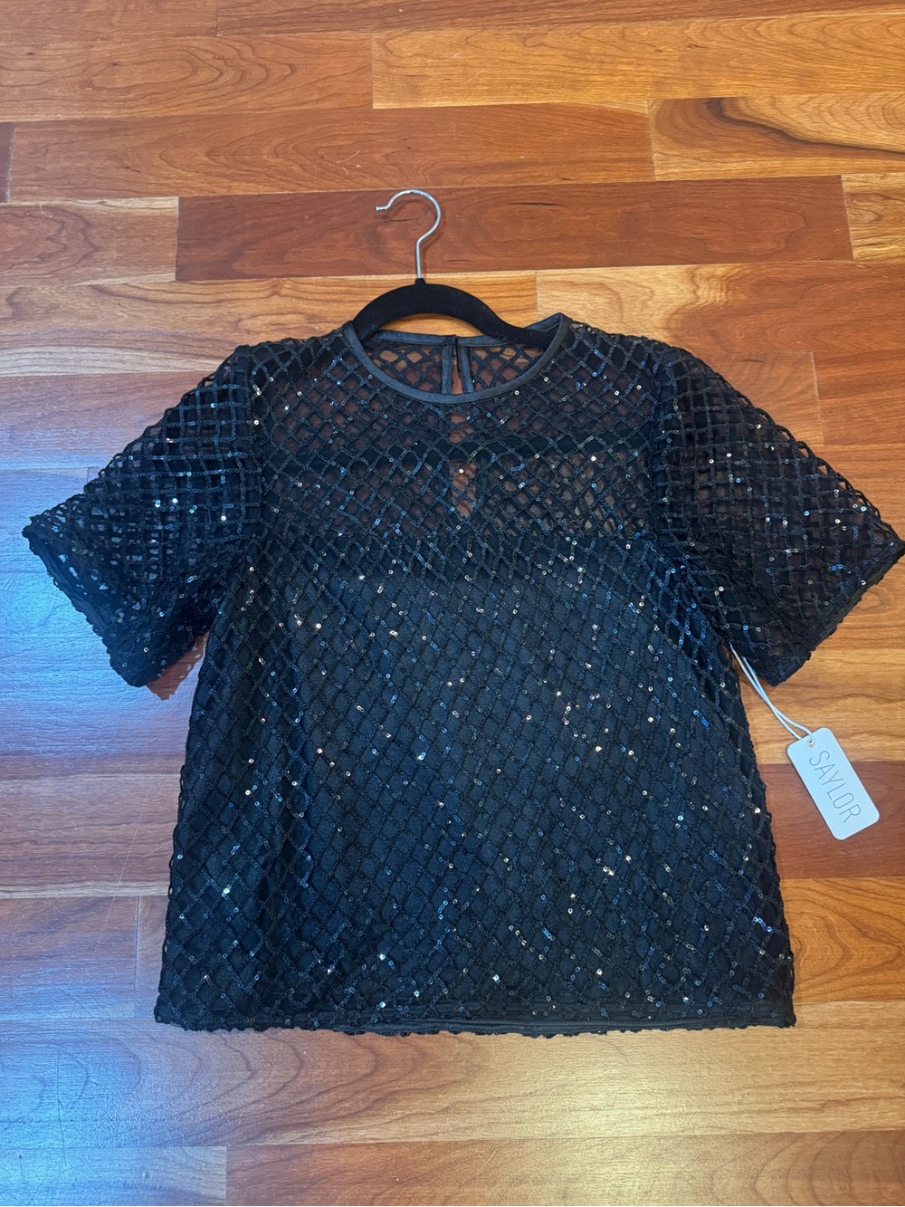 SAYLOR Black Sequin Lattice Mesh Short Sleeve Top